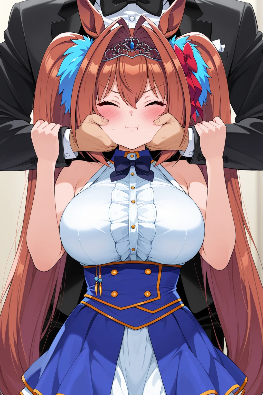 high quality、high resolution、High Depiction、Inside the inn、One Woman、(Wearing maid uniform、tiara)((A woman is having sex standing up)、Mole around the eye、Are fat(1.6)、Wet(1.4)、Drooping eyes(1.9)、Blue eyes、Saggy breasts(1.9),Big Breasts(1.9)、Long Breasts(1.9)、Breasts are shaking violently up and down、(Orange Hair)(Straight Hair、long hair、slippery head、Wetた Hair、Silky Hair)、(((Angle from the head))) (((One Black Man)))、(Big penis in pussy)、(A man is having sex standing up)