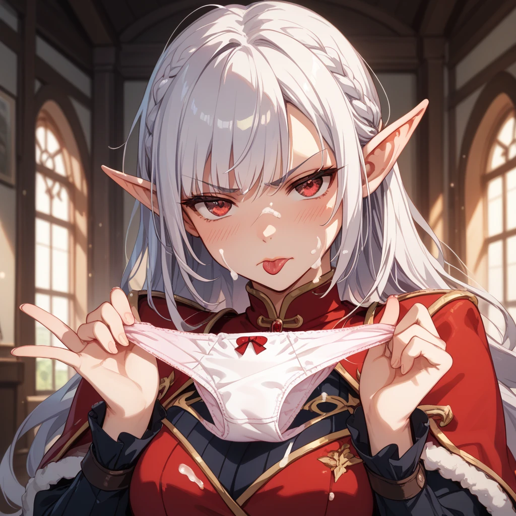 1girl,frieren, long hairpointy ears, jewelry, earrings, twintails, long sleeves, capelet, white capelet, dress, parted bangs, white dress, belt, pantyhose,  purple eyes,  blush, ntrgao, 1boy Grabbing breast from behind, peace sign and covering pussy