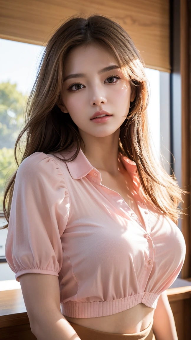 Best quality, Realistically, Extremely detailed, detailed, high resolution, 8k wallpaper, 1 beautiful woman, Pink moist lips, Light brown messy hair, Wearing a crimson suit, shirt, and white skirt, Lock focus, Perfect dynamic composition, beautiful eyes, Fine hair, Detailed Realistically skin texture, Smile, Close-up portrait, Model body type, On the terrace of a café, Blurred background, (full-body shot), Long-distance shooting,