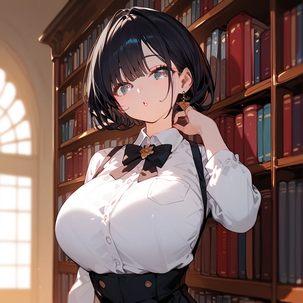 best quality,masterpiece,Ultra-high resolution,photoactual:4：0,Demon Palace Academy Park,Albedo,long hair shawl,Devil's Horn,Big breasts,shirt clothes,mini skirt,holding book
