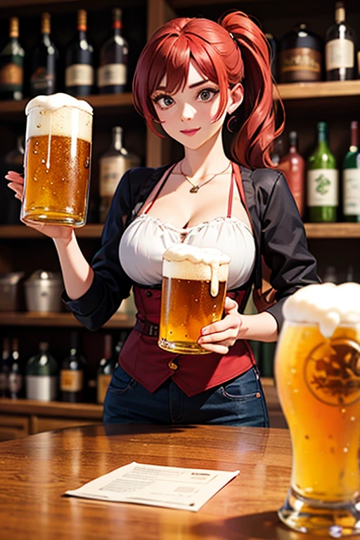 (masterpiece, sidelighting, finely detailed beautiful eyes: 1.2), masterpiece*portrait, realistic, 3d face, kasane teto,((short_hair:drill_hair)), red hair, happy, shirt, cleavage, skirt, apron, standing, holding tray_with_beers, inside pub