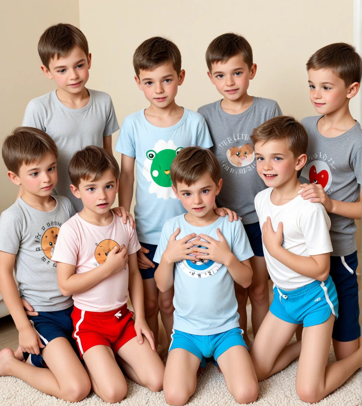 Two Japan Men、Both are 13 years old、Well-developed muscles and smooth skin、very short black hair、Relaxed and cheerful smile、Orange boxer shorts、Guts pose、The whole body is visible、