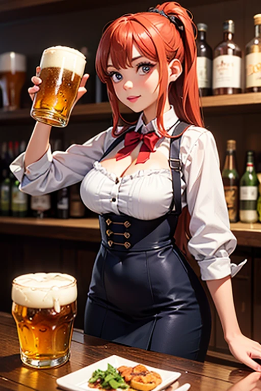 araffe sitting on a bench with a mug of beer in her hand, octoberfest, amouranth, better known as amouranth, jessica nigri, holding beer, a sexy maid in a magical forest, irina nordsol kuzmina,