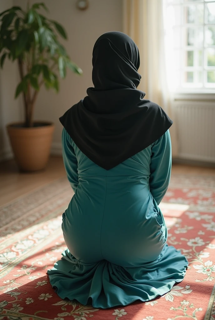 (fit), (realistic), (high quality), malay  woman in long baju kurung,  praying  on her knees in temple , rear view, hijab