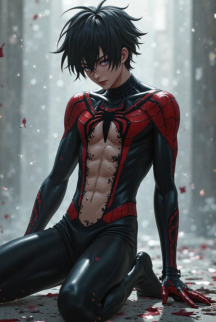 absurdres, intricate details, masterpiece, best quality, high resolution, 8k,
(1boy, torn clothes, black torn spidersuit, spider web print, crew cut:1.3),
looking at viewer, smirk,
(spread legs, muscular, large pectorals, abs:1.2),
detailed face, blue eyes, short hair, black hair, eye reflection, shiny necklace, (full body:0.8),
(kitchen, window, sunlight, flower, cupboard, bowl, plate),
detailed background, cinematic lighting
<lora:armspiderverse_v2:0.5> <lora:chinesemalelikeness3:0.5>