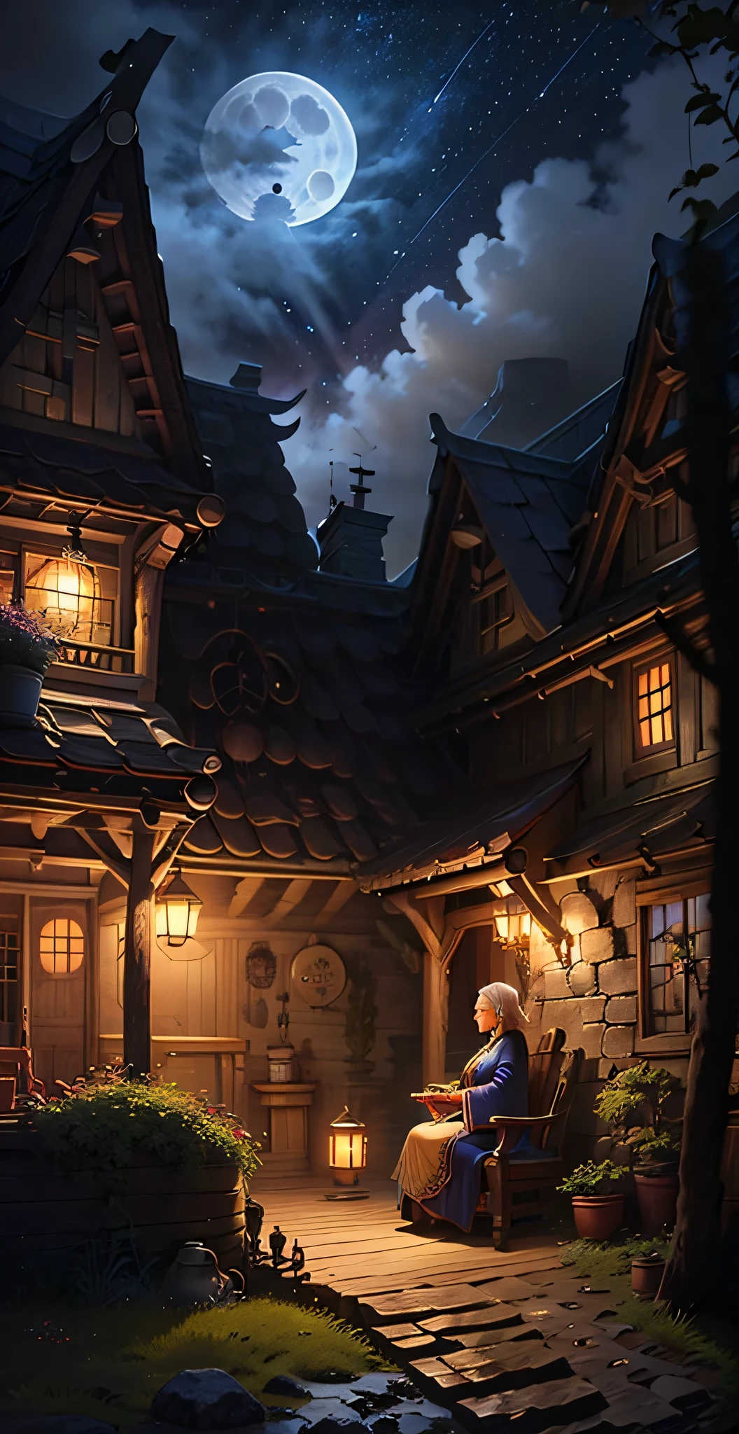 A retired chubby female mage sitting calmly on the porch of a cozy wooden cottage on top of a mountain, under the full moon. She is beautiful, with a gentle smile, wearing a loose magical robe with subtle glowing runes. Her silver or grey hair is tied loosely. A wooden magical staff rests beside her. The background shows a quiet night sky full of stars, with a large glowing full moon. The house has herbs and vines hanging from the roof. Peaceful, serene, fantasy atmosphere, soft lighting, semi-realistic style