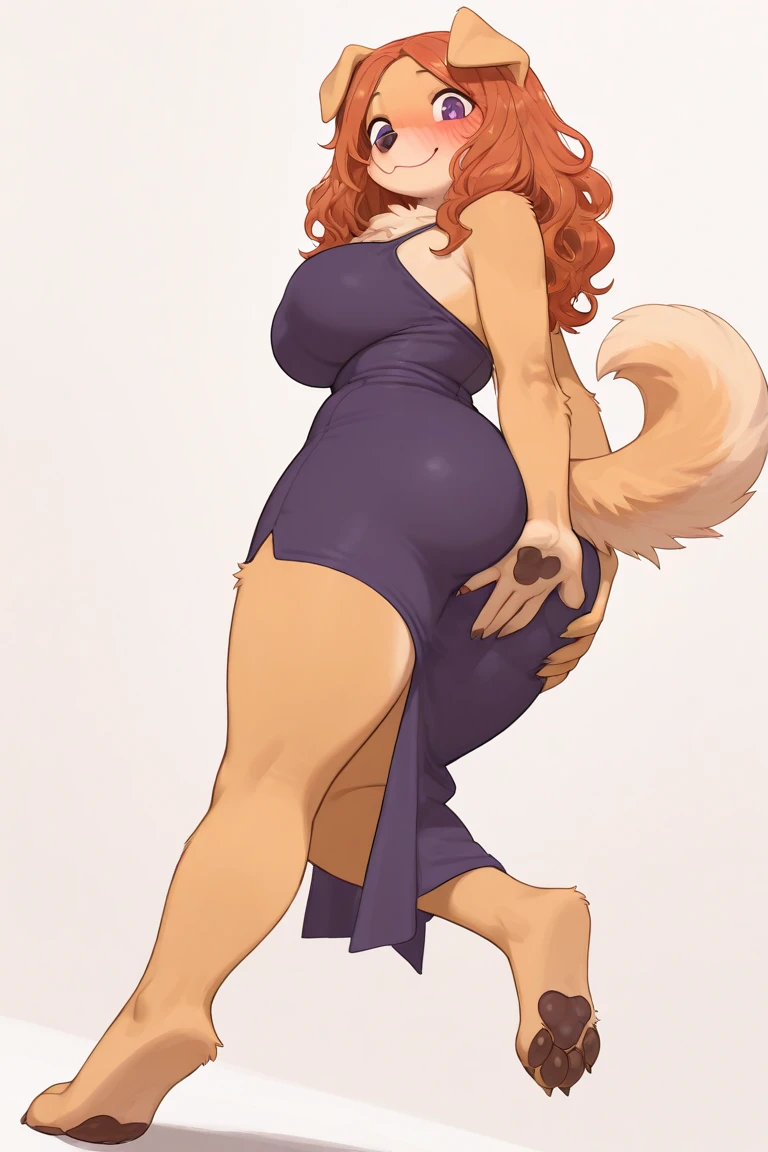 female anthro Snow leopard,Brown long fluffy hair, fluffy hair, squirrel ears, hyena, big breasts, attractive, blue knitted hole dress, thicc body, thicc body, thicc, freckles, freckles on face, neutral expression, smug eyes, high heels, garter belt tights, she is standing (thick thighs:1.5) bent over (low angle view)