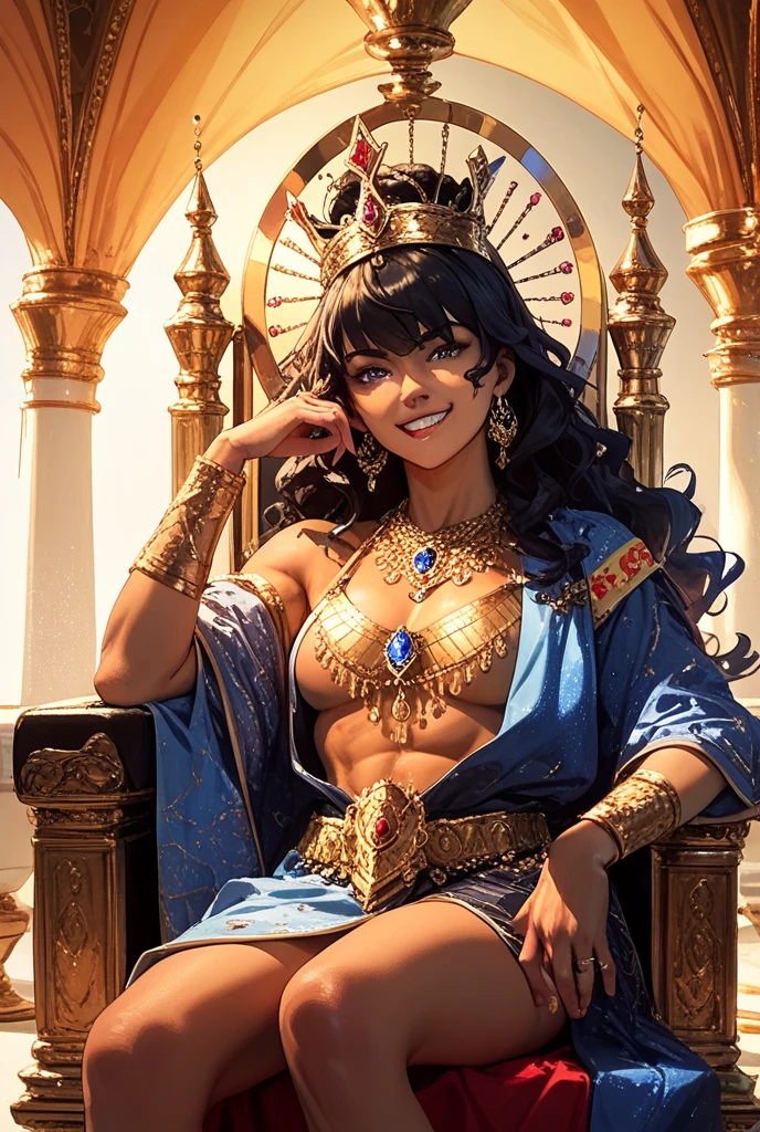 masterpiece, 最high quality, high quality, High resolution, high quality texture, high quality shadow, High Detail, Beautiful details, Detailed, Extremely detailed CG, Detailedテクスチャー, a Realistic representation of the face, Realistic, colorful , delicate, Cinematic Light, Side light, Lens flare, Ray Tracing,tailed beautiful delicate face, detailed beautiful delicate eyes, Cleopatra Egyptian Punk (((dark skin))) cameltoe pyramid palace castle sitting cross-legged on the throne wine in hand