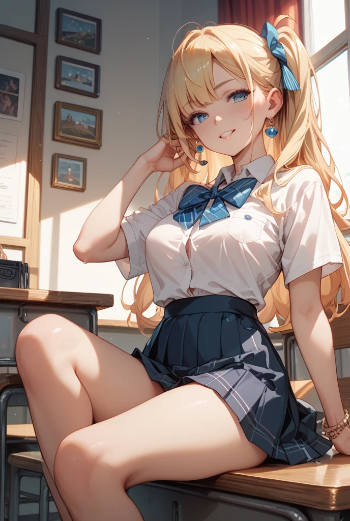 (Big Tits,valley,Big Breasts,Plump,Rocket Breasts),(Thin twin tails,Flaxen Hair),(Big Ass,Big Butt,Plump),(Pussy line,Thong,Bite),(Black Skirt,mini skirt,Pleated skirt,Plain white shirt,shirt),(smile,Troubled face,Taunt,Saucy,lure),uniform,JK,high school girl,classroom,Nipplesを見せる,Expose,乳房をExpose,tits,transformation,Nipples,勃起Nipples,ビンビンNipples,Knee-high socks,Leg spread,Erotic,Bitch,Half naked
