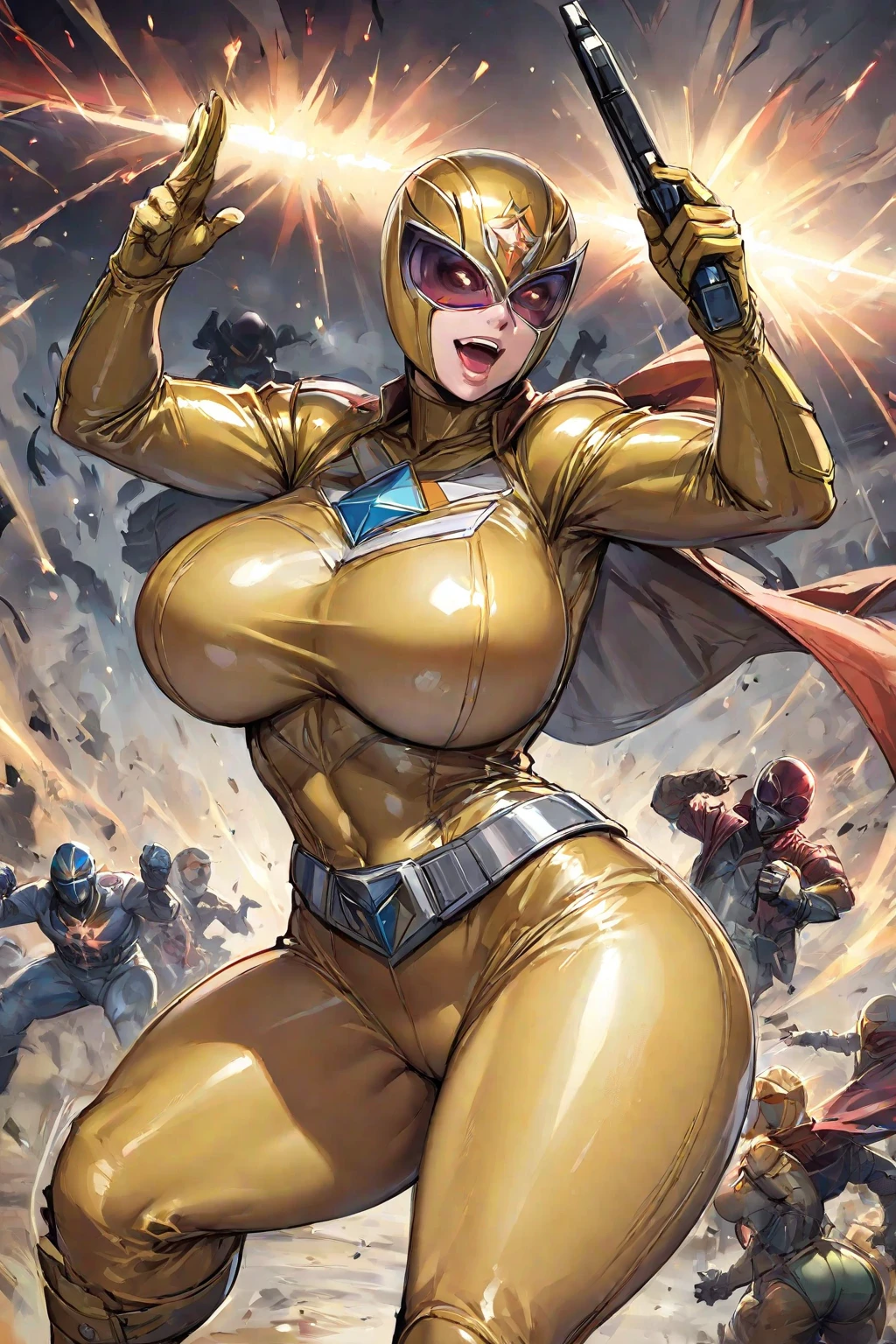 (masterpiece:1.2, Highest quality),(Very detailed),8K,wallpaper,1 female,Mature Woman,48 years old,Sentai Heroine,Muscular,((Metallic squadron suit)),(((Better Hands))),((The background is Galaxy Flash)),Random hairstyle,Random Pause,(((Beautiful female hands,detailed drawing of a hand))),cyber punk,((Beautiful trading cards,gold framed))