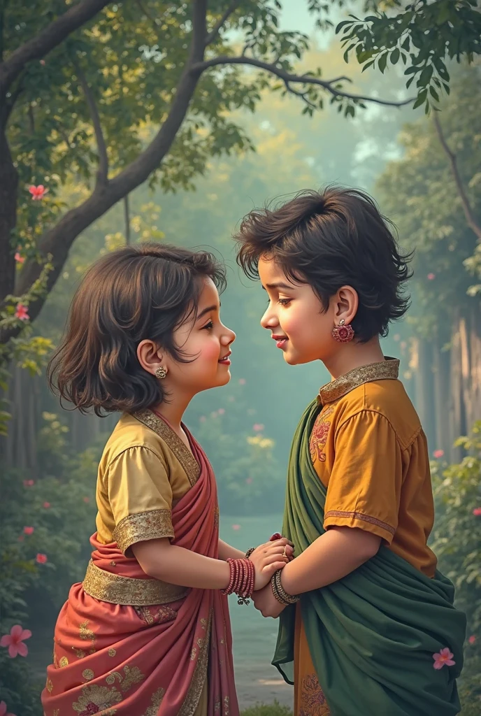 A young boy and girl, dressed in traditional Indian attire, stand close together in a warm, golden light. The boy has a gentle smile, his hand resting on the girl's cheek, while she looks at the camera with a hint of sadness. They are both wearing soft, earthy tones, creating a sense of intimacy and quiet contemplation. The background is blurred, focusing attention on the children.Imagine The image is a portrait of two young children, a boy and a girl, standing close together and smiling at the camera. The boy is on the left side of the image, wearing a beige kurta with a striped scarf around his neck. He has dark hair and is looking directly at the viewer with a slight smile on his face. The girl on the right side is wearing a traditional Indian outfit with a brown dupatta draped over her shoulders. She has long dark hair that is styled in loose waves. He is covering her face with his hand. The background is blurred, but it appears to be an outdoor setting with trees and greenery. The lighting is soft and warm, creating a peaceful and serene atmosphere.two young children are posing for a picture in a rural setting Hyperrealistic depiction of an otherworldly garden, each plant intricately detailed, softly illuminated by a distant galaxy glow. Two children, a boy and a girl, are standing close to each other. The boy is on the left, wearing a brown and white striped scarf, and a beige shirt. He is looking at the camera with a smile. The girl is on the right, wearing a beige dress with floral embroidery and a brown scarf. She is looking at the camera withImagine A indian fair cute boy and a indian fair cute girl pose closely together outdoors, beautiful hair , with warm, soft lighting creating a dreamy atmosphere. The boy, wearing a beige shirt with a striped scarf, smiles widely, while the girl, dressed in a floral-embroidered dress with a light brown shawl, gazes softly at the camera. Their expressions convey a mix of joy and tenderness, highlighting their close bon