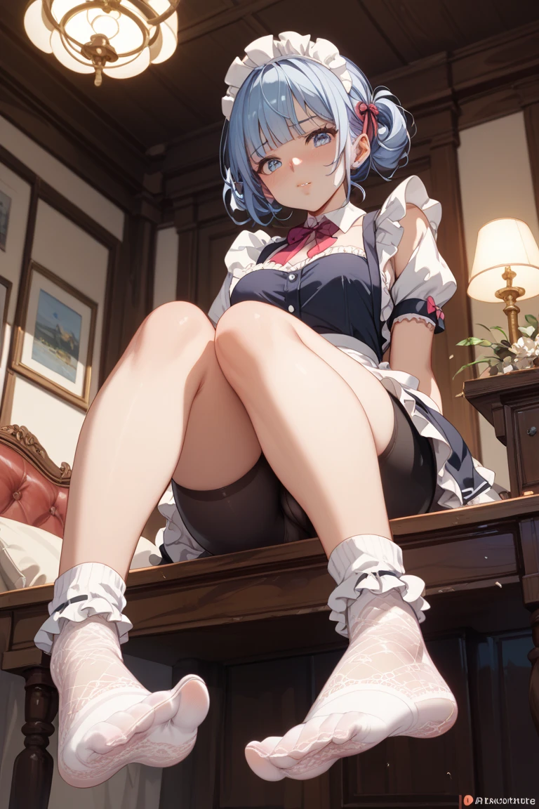 {{{masterpiece}}}, {{{best quality}}}, {{ultra-detailed}}, {illustration}, {{an extremely delicate and beautiful}}, Yozakura (senran kagura), One Girl, chest, Blue Hair, alone, short hair, underwear, flower, hair ornaments, blue eyes, heart-shaped eyes, huge breasts, muscular, priest, pantyhose, showing her soles, showcasing the soles of her feet, soles in stockings, humid, steam, sweat , rest, Bedroom, sitting, foot up, perspired from below, showing her soles, showcasing the soles of her feet, soles in stockings, lower angle, extremely lower angle, focus on feet, focus on soles, Looking down at the viewer, Wicked Smile, blush, Mischievous face,
