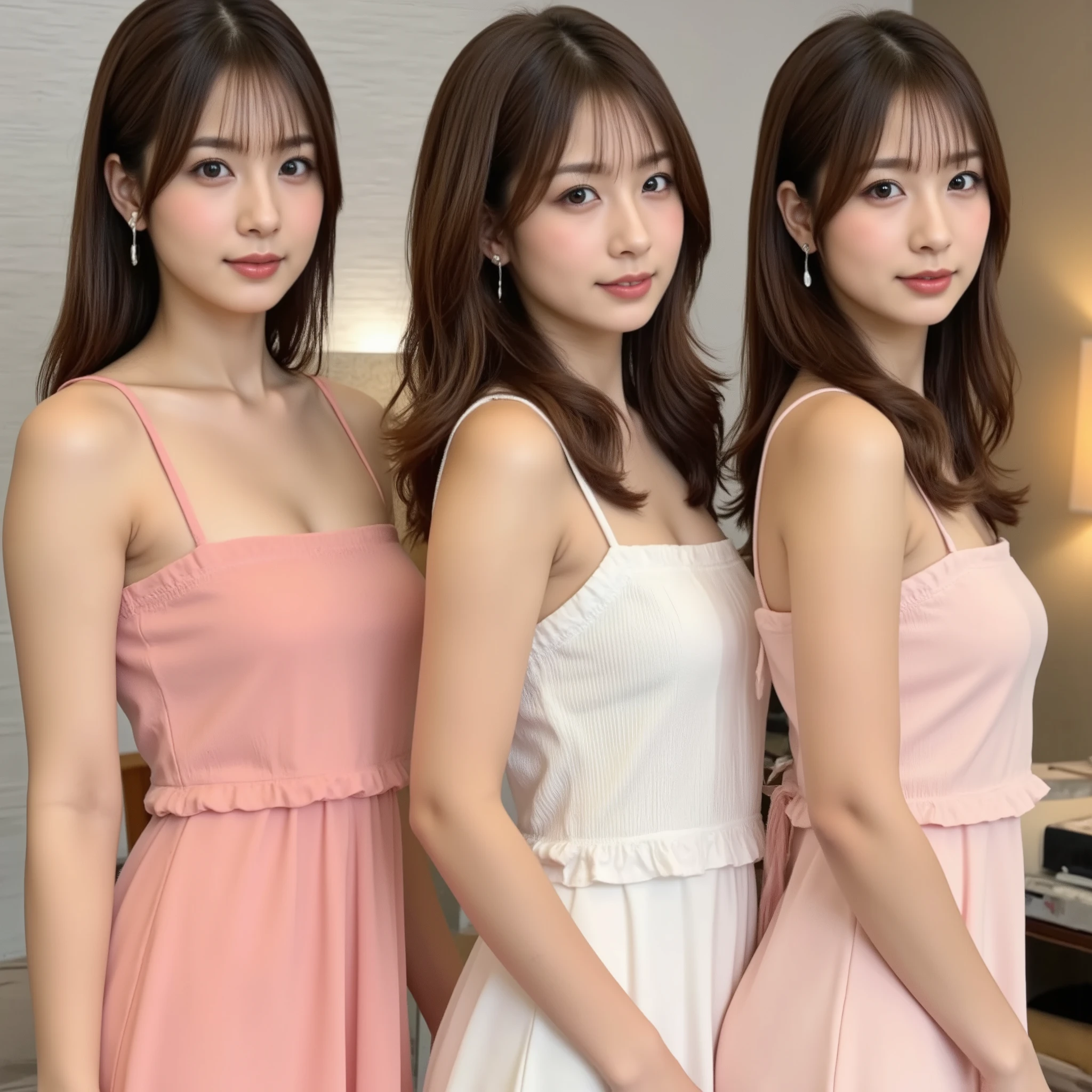 realistic photo, top quality, HIGH DEFINITION, highest masterpiece , Focused Cannon EOS 5D Mark IV, 3 Beautiful Slender Japanese Women, (3 Women Have Different Faces But Are Beautiful:1.10), (Each of the 3 Women Wear a Random-Colored Sun-Dress:1.8), night dress, portrait taken with clear focus from head to knee in a full body shot, 3 Women Line Up to Look at Viewers, turn your body towards the viewer, BREAK,
(Studio lighting that illuminates the entire person:1.10), In the hotel room, BREAK,
constricted waist, firm abs, perfect face, Ponytail, F-cup Chest Enhancing Outfit, each woman has a random long hairstyle,