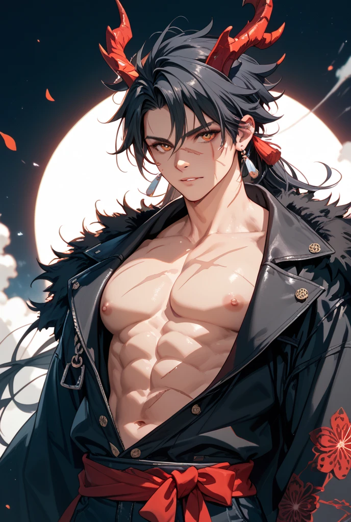 absurdres, highres, ultra detailed, HDR, master piece, best quality, extremely detailed face and eyes, Kibutsuji Muzan, black wavy hair, short hair, expressive red eyes, Kimetsu no yaiba, solo, sexy man, toned chest, handsome, white hat, white jacket, black shirt, white necktie, red flowers, park, red cherry blossom, fountain