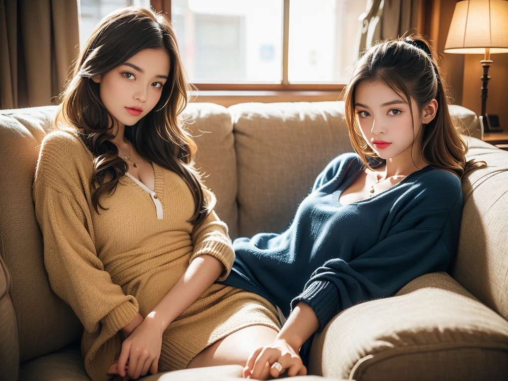 (masterpiece, best quality: 1.2), RAW quality, two girls, hyperrealism, beauty, perfect, violet pupil, slight smile, makeup, orange hair, legs ajar, light,
