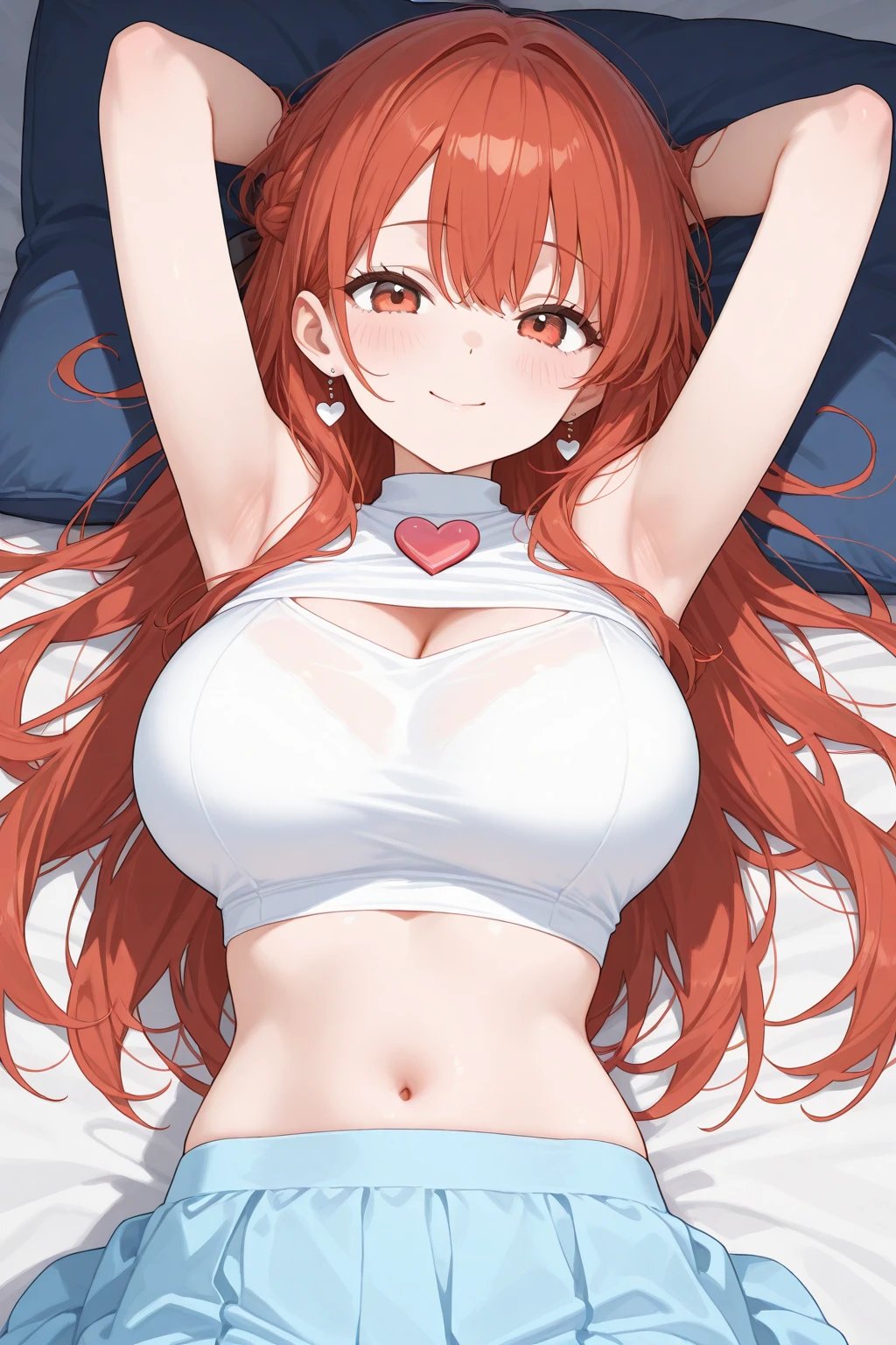 High resolution, 1 Girl, nakano itsuki, red hair, long hair, star hair ornament, ahoge, red sweater, Medium chest, lace bra, lie on own back, bed, overhead shot, shy, sweat, cum on tongue, open mouth, breast milk, shirt lift, show off bra, lace bra