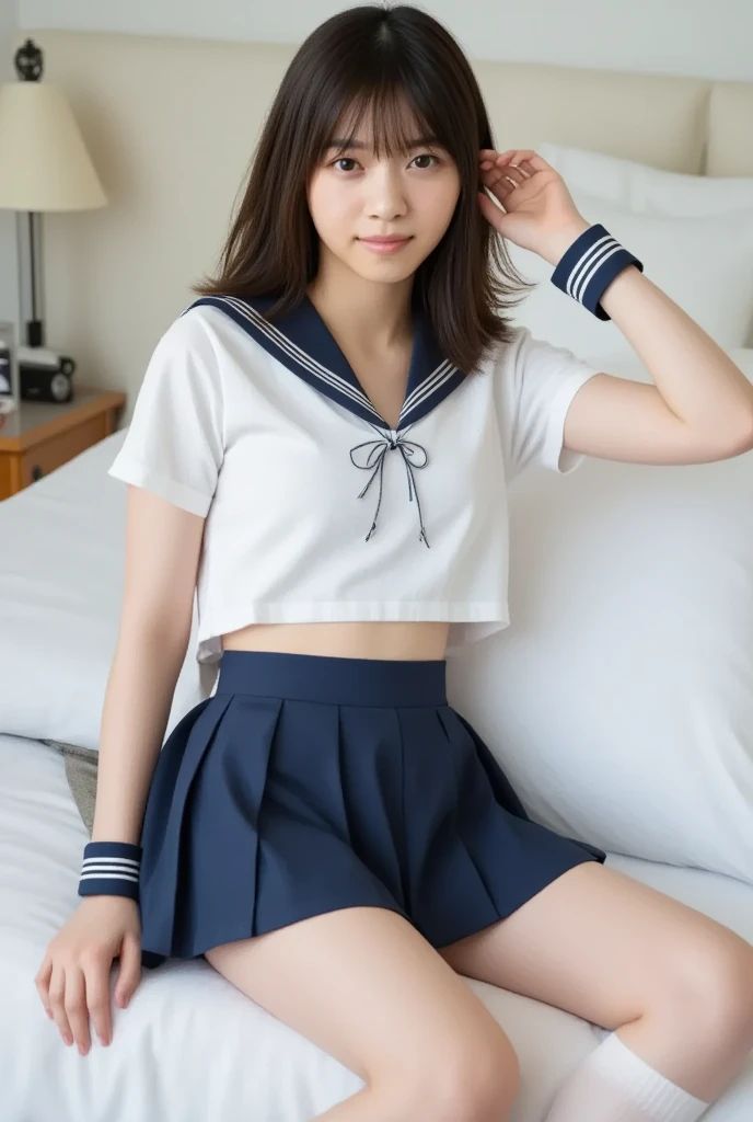 cute,teen,black hair,long hair,straight hair,with bangs,angelic smile,model,full breasts, skirt lift,on bed,summer sailor suit