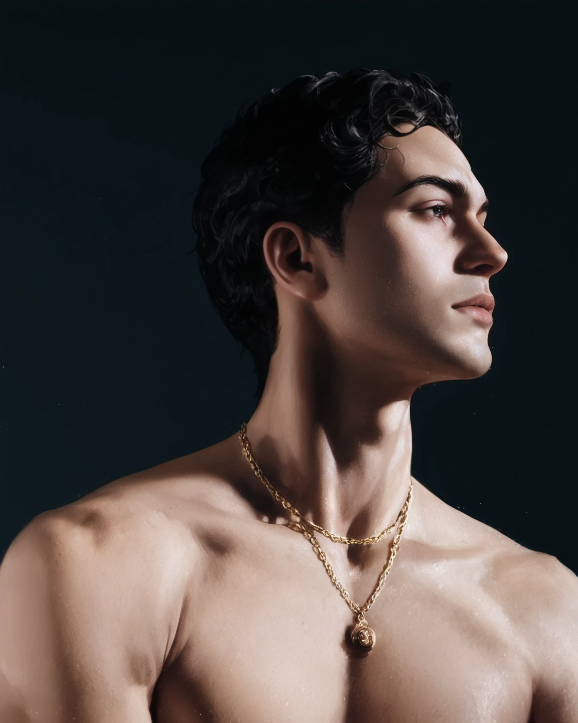 (masterpiece, best quality:1.2), 1 person, Solo attractive man with heavenly eyes, delicate brown hair, magic , Seductive look, Mysterious smile, Very beautiful face , Detailed facial images, Big breasts with long nipples , Full and swollen chest muscles,naked ,handsome man! Diamonds in the ears. gold chains around their necks,Highest quality cute boy half-length photos!