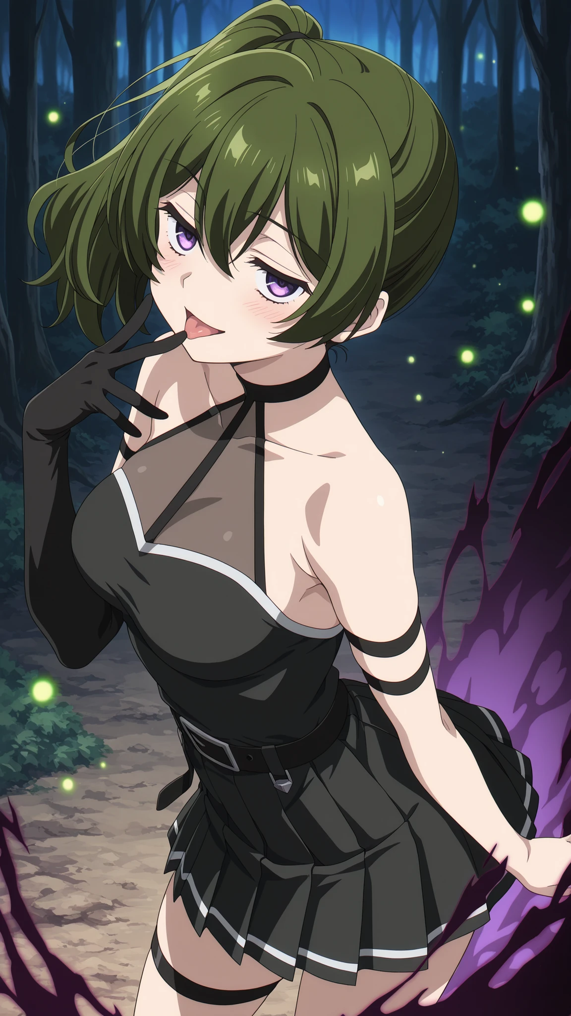 BREAK looking at viewer,BREAK (masterpiece:1.2), best quality, high resolution, unity 8k wallpaper, (illustration:0.8), (beautiful detailed eyes:1.6),Dense ancient forest at twilight, towering gnarled oaks with blackened bark, thick mist creeping between roots like spectral fingers, last crimson sunlight,dark atmosphere, unnatural fireflies tracing ominous patterns in the air, 4K ultra-detailed, cinematic dark fantasy atmosphere,ubel, medium hair, hair between eyes, green hair, side ponytail, purple eyes, medium breasts, anime screencap,skirt, gloves, dress, bare shoulders, pleated skirt, sleeveless, black gloves, elbow gloves, belt, miniskirt, black skirt, black dress, thigh strap, sleeveless dress, halterneck, armband, single glove, black belt, pleated dress, arm strap,arched back,blush, seductive expression,smile,dark aura,from above,open mouth,showing tongue,