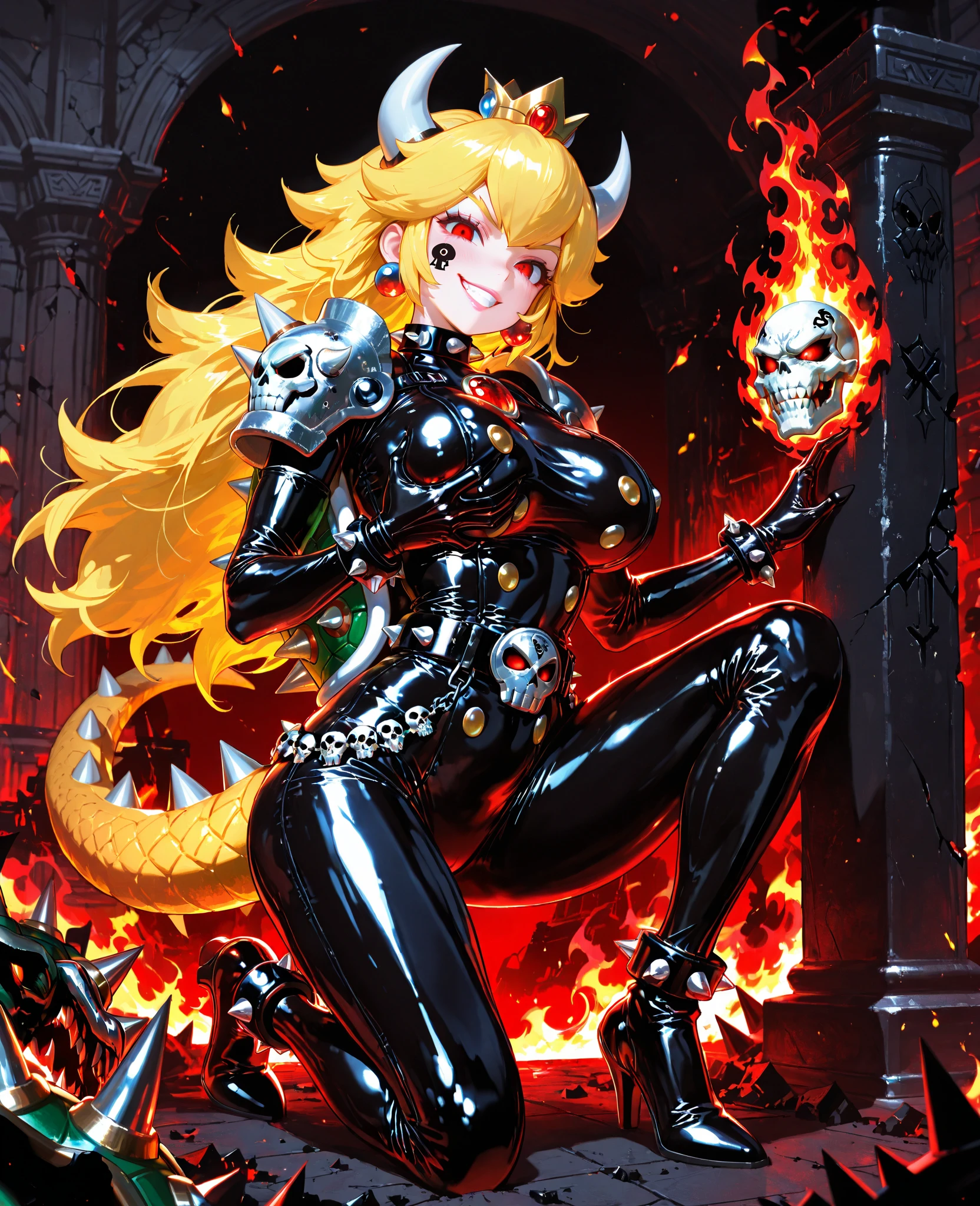((high detailed, best quality, 4k, masterpiece, hd:1.3)), ((best quality)), (((HD))), (((8k))), (ultraDH), (ultra HD), Princess Daisy, blue eyes, BREAK blue eyes, seductive, attractive, smooth anime cg art, 36C breasts, long legs, vivid colors, detailed digital art, slim body, perfect skin, dark blonde hair, long hair, blonde hair, blonde hair, BREAK crown, cleavage, 36C cleavage, looking at viewer, BREAK looking at viewer, extremely detailed face, red santa suit, red santa claus suit, santa claus suit, earrings, gem, dark black makeup lips, dark gothic eyeshadows, dark eyeshadows, black eyeshadows, black sexy lips, black lips, (dark:1.2), dark lips, very dark lips, (perfect hands, perfect anatomy), black makeup, black medium lips, black thick lips, detailed fingers, five fingers per hand, 5 fingers, (1 girl), detailed lips, detailed black lips, black painted lips, gothic painted lips, BREAK night, night sky, (breast focus), (arms outstreched:1.2), (from above:1.1), (breasts out:1.3), (off shoulder:1.1), (white horns), (bra), inside a lava castle, she inside a sea of lava, she bathing in lava, full body, perfect long legs, perfect foots, legs and foots into the lava,