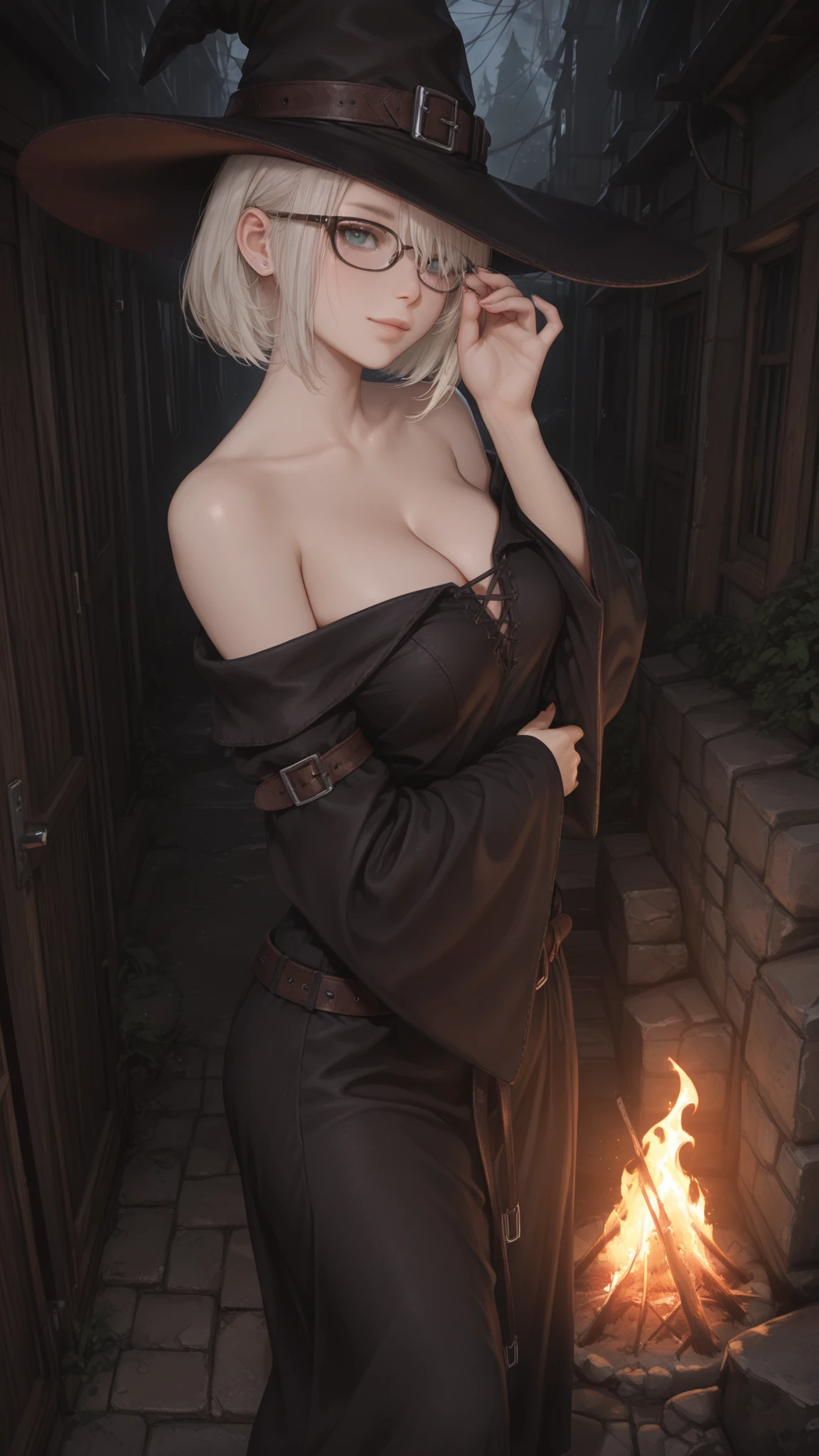 240710B. Masterpiece. A hyper realistic image of Claire. Beautiful woman. ((Perfect body)). Sexy. Slim. ((Solo)). ((Dark Souls. In the Ancient, darkened castle room with flickering torches and stone walls. Standing solemnly by a stone wall, robe billowing around her. Medieval-style, flowing dark robe with intricate silver embroidery and a hood. Grey sheer stockings. Hairstyle: Long, straight hair with a jeweled headband. Makeup: Pale foundation, dark eyeshadow. Silver ring, dark jeweled necklace.)). (See-through, bare pantyhose). ((Show erected small areolas thru clothes)). ((Show trimmed vulva)). ((Divine features, oval face)). Graceful presence. (Captivating and perfect grey eyes). (Silky ginger hair). Rosy tint complexion. Captivating smile with enchanting lips. Slender figure. ((Perfect hands)). Sense of style with alluring charm. Effortless elegance, sophisticated. ((High fashion image)). (((((Cowboy shot))))).