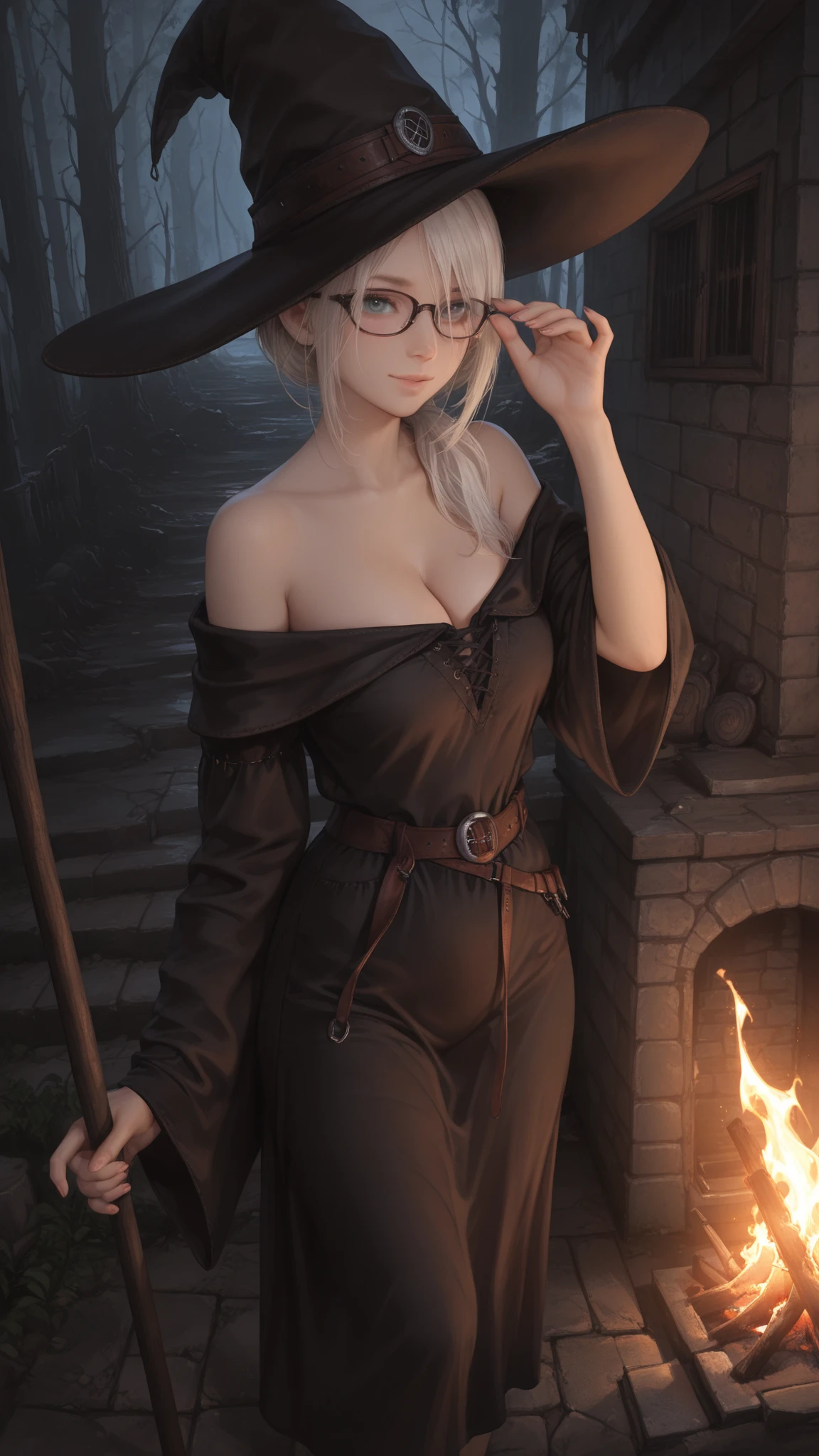 in einem Wald, eine kurvige sexy verschwitzte Frau mit schwarzen Haaren und Brille