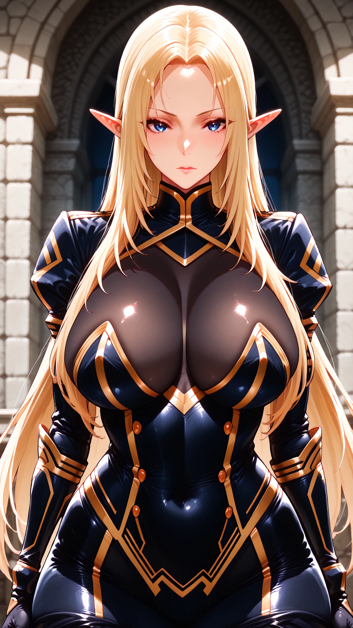 ((masterpiece)), ((high quality)), ((super detailed)), ((high resolution)) ,((8k)), a beautiful woman, ((She is one of the most famous female Dark knight)), unparalleled beauty, ((huge breast)), ((large ass)), ((deep cleavage)), slim waist, chest out, ultra detailed face, perfect skin, (((long blonde straight hair))), blue eyes, detailed eyes, whole body image, (((anime))), ((glamorous)), 21 years old, ((incredibly beautiful woman)), ((The I cup bust)), ((((bikini armor)))), ((beautiful breasts)), beautiful legs, 8 life size, anime, the most beautiful and strongest, ((charm)), ((Grown-up face)), ((Perfect fingers)), ((Bewitching)), ((A young heroine)), ((((from below)))),