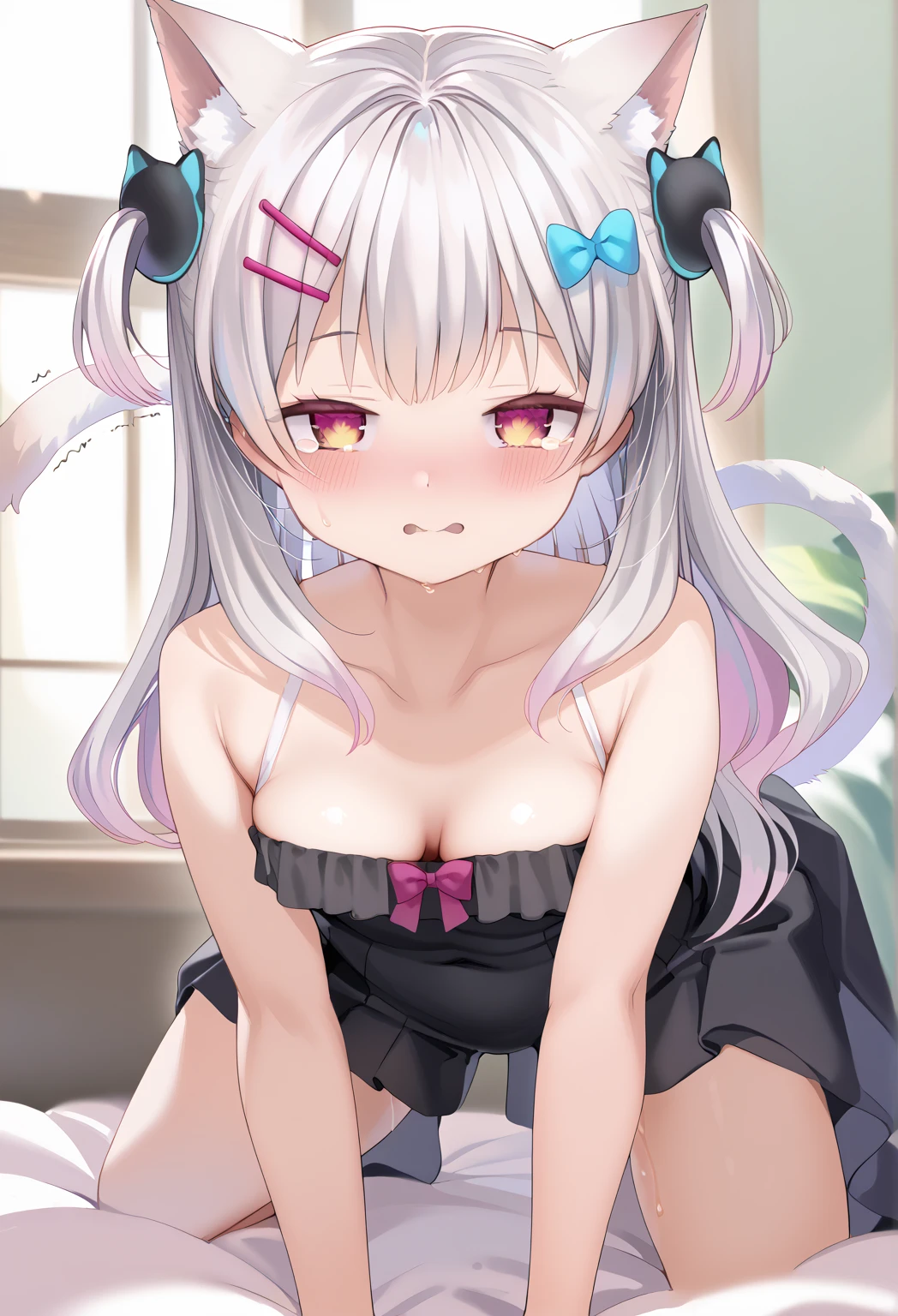 pretty girl、Young face、long silver Hair、long Twin tails、Pink eyeischievous face、Spoiled brat、Immature body、Small breasts、smile、Sweat、(Thick thighs:1.5)、very little demon horns and tail、red eyes、On all fours、Backwards、looking at viewer、sweat、pink tattoo on her abdomen、ハート型の眼、Open mouth、double teeth、fang、swim wear