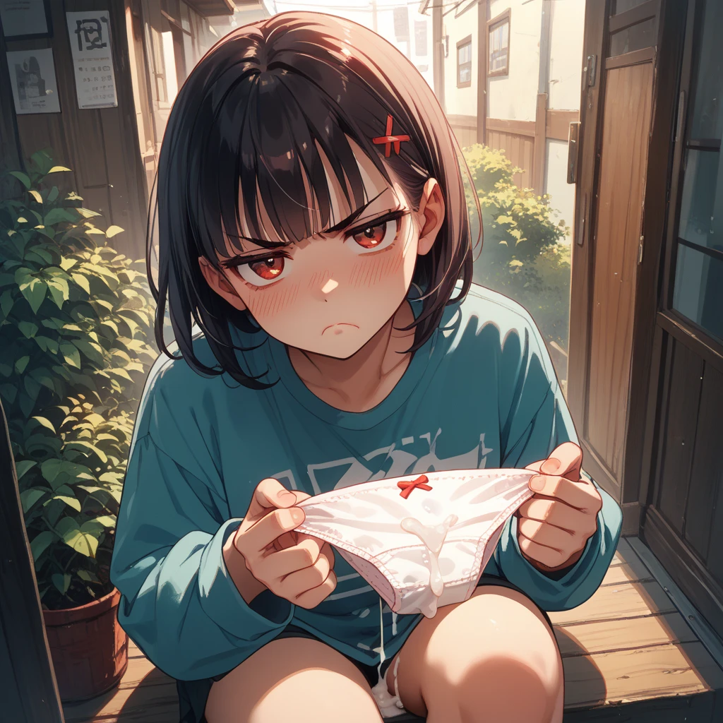 One girl is in the toilet、A dark-haired、Suppress the crotch、red blush、embarrassed from、I'm slow、tiresome、The crotch area is damp、Lower body is wet、Pulling down underwear、unwear、Putting up with、(Girl is peeing:0.5)