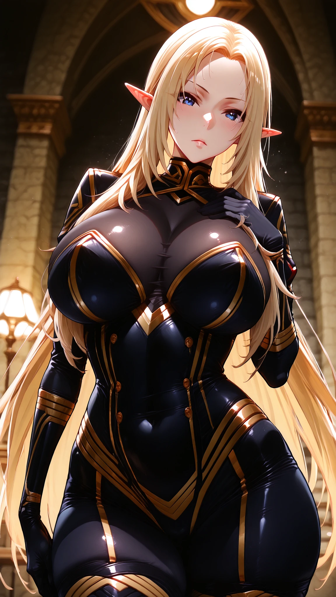 ((best quality)), ((Masterpiece)), (details:1.4), 3d, HDR (high dynamic range), amature woman, Blonde hair, High Ponytail, beautiful red eyes, hips up จมูกโด่ง, ปากแดง, หน้าอกใหญ่, nvidia RTX, PBR surface, After processing, Anisotropic filtration,depth of field, Maximum clarity and clarity, multi-layered surface, Subsurface scattering, perfect proportions, 8K raw files, ultra detailed, Unreal 5, Perfect proportions, Octane Render, volumetric lighting, soft lighting, black dress, dragon bone armor, jewely, ต่างหู