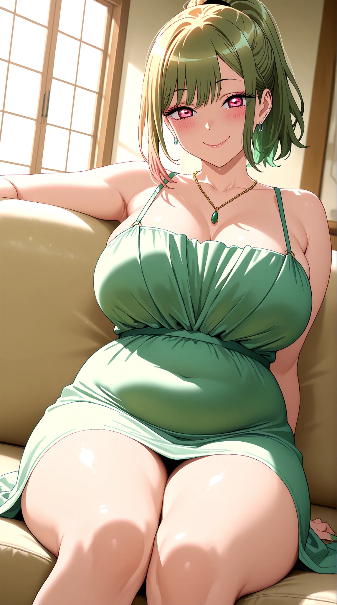 (best quality,4k,8k,highres,masterpiece:1.2),ultra-detailed,detailed hair,medieval style,long dress,woman with detailed hair,woman in medieval style,long dress,fantasy,portrait,medieval-inspired art,vibrant colors,soft lighting, dark green hair, short hair, green eyes, massive ass, massive boobs, chubby, bloated belly, open mouth