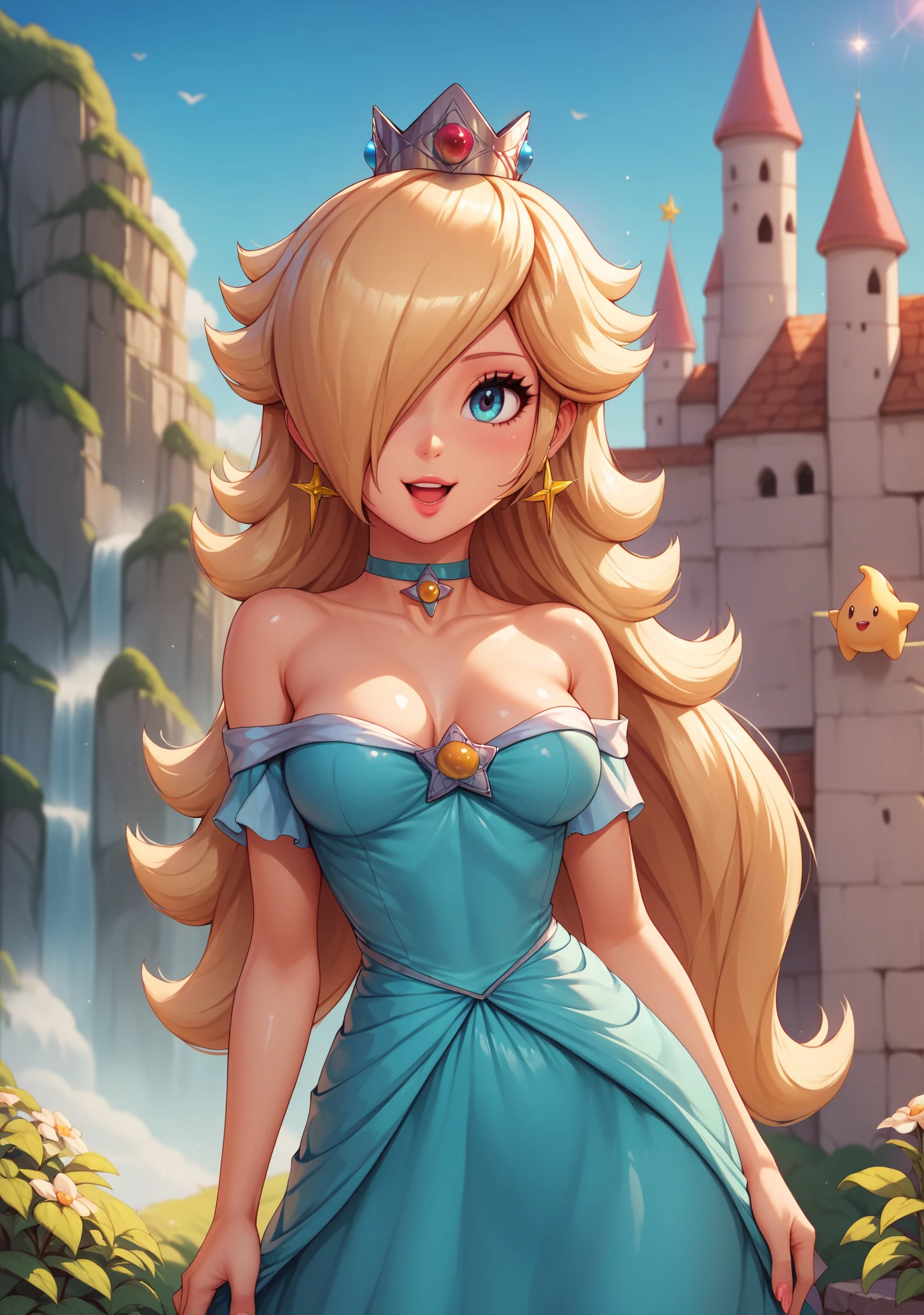 1 girl, Natural photography of a beautiful girl, wearing a loose crop top, leaning over, long blonbe hair, big bust, locks eyes into the camera, symmetrical eyes, symmetrical face,  (masterpiece) (best quality) (detailed) (8k) photorealistic, photography, path tracing, specular lighting, volumetric face light, path traced hair, visible shadows, intricate, elaborate, oiled ?????, cleavage, wet skin, flirty, freckles, blush, dark eyeliner, hanging ???????, girl ????????????, strap gap