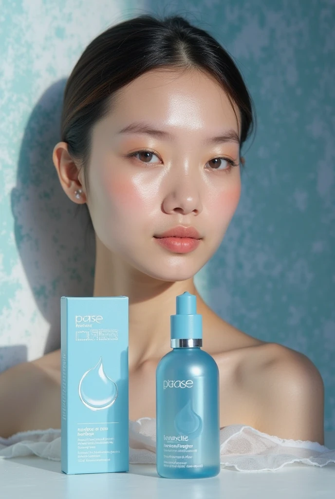 A woman with fair skin, applying ointment to face, and the other hand holding the white ointment bottle labeled “ByShine” on the Bottle, clear image in a swimming pool with blue water, simple and beautiful background, pink swimsuit, ultra realistic image with HD details and minimalist and elegant 