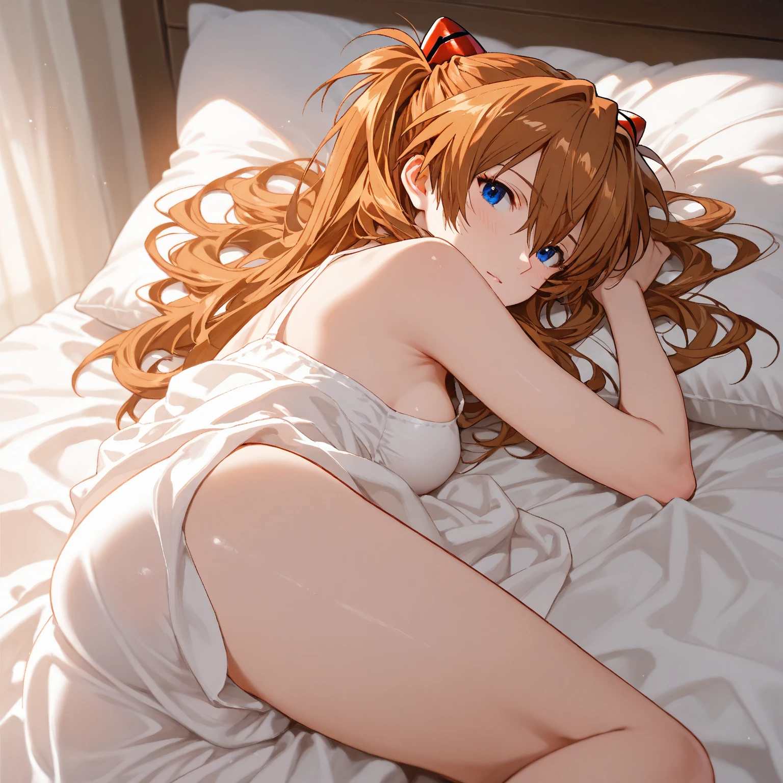 Soryu Asuka Langley、masterpiece, highest quality, Super detailed, figure, cute, detailed light, Happy, smile, blush, Highlights hair, hair, beautiful and detailed body, Fine sparkling eyes, 1 girl, think back, show your skin, buttocks, naked thighs, perfect limbs, underwear, on the bed, full view of buttocks, showing buttocks, in the heat,, legs open, show vagina, Kanekou