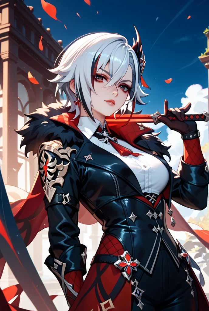 woman, in her twienties, short hair, proportional hands, Arlecchino anime eyes, perfect body, white coat, wearing black leggings, Ultra HD, 4k image, image of best quality, (fidelity: 1.4), photoreal, Red eyes, eyelashes, beautiful pupil, red shadows, reasonable facial features, natural poses, 1 girl, standing, fully dressed, serious face, very detailed face, high quality face, 4k, tired face, small dark circles eyes, black gloves, holding a crimson scythe, big breast