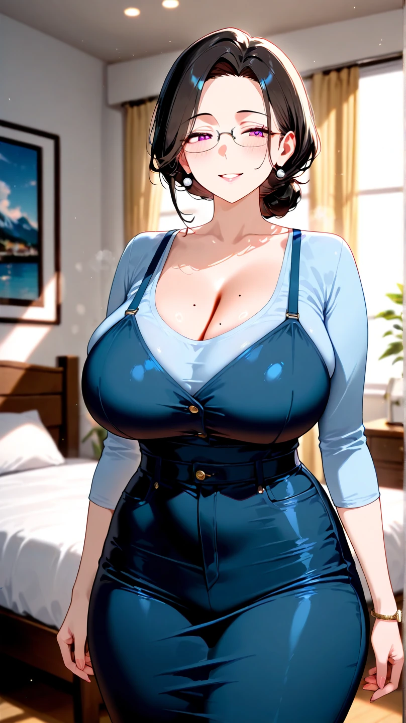 Beautiful female, golden eyes, blue curly hair, chubby, ecstasy expression, big boobs, short hair, navy pajamas, lace, sitting on bed, ecstacy, pleading eyes, chubby, thick framed glasses, ((((huge muscles))))