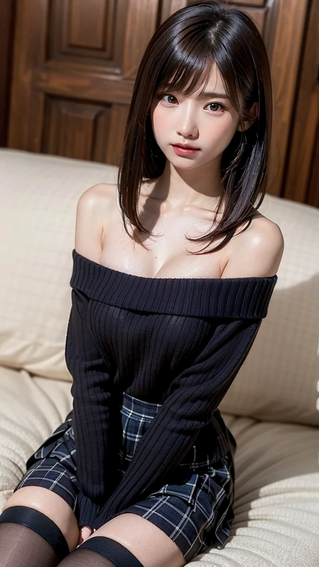 Highest quality、8K quality、A 20-year-old woman hiding her breasts with both hands、Deep U-neck T-shirt、Short skirt、Beautiful thighs、Soft Breasts、Looking up at the photographer、Shooting from the top of the front、Well-groomed, Adult face、Beautiful cleavage、When you bend over, Clothes come off、(Skinny body type:1.1), (Flat Chest:1.2),