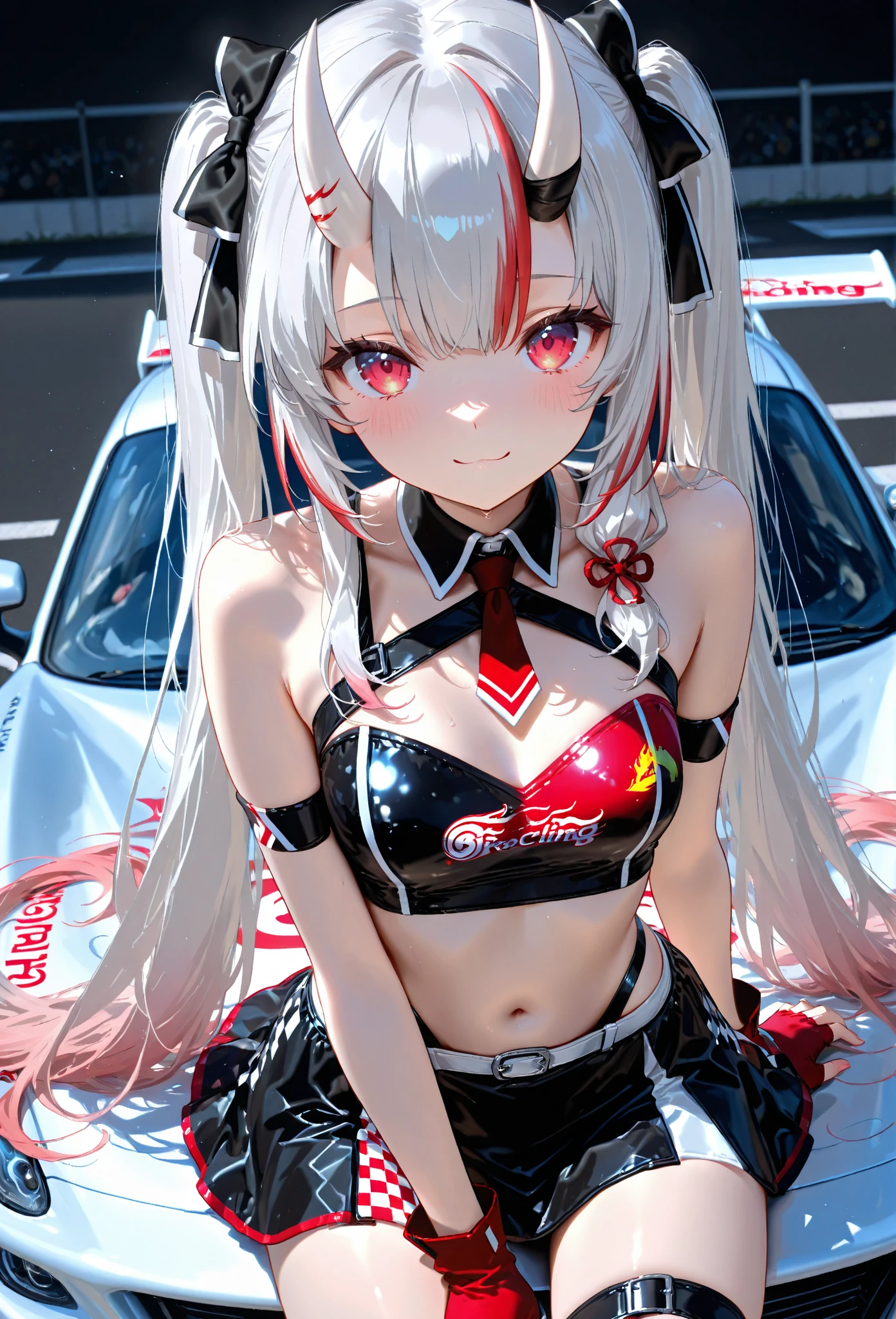 Highest quality、super high quality、16K, Breast size is random、Facial expressions are random、Location is random、 Hair color is silver hair、The pose is facing forward、The distance is random、Angle from below、Small face、Very delicate facial expressions、Delicate eye depiction、Highly detailed hair、Erotic、18-year-old female、Glowing Skin、Soft Skin、The only sexy Japanese woman、Race queen outfit random、Three female models、