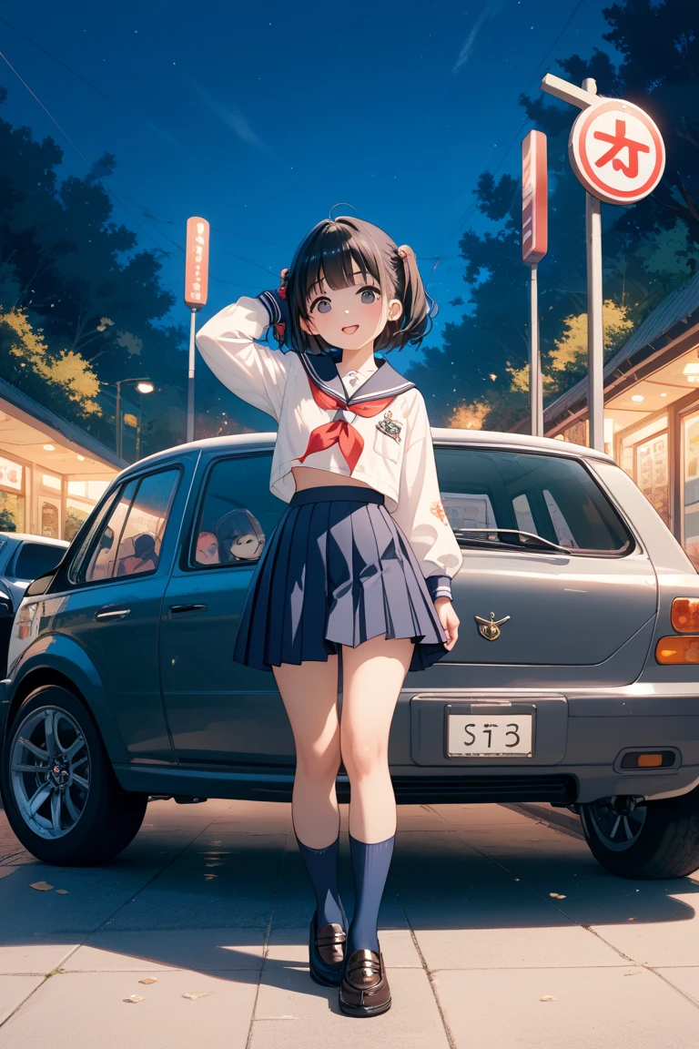 master piece,hyper quality, hyper detailed,Perfect drawing,Hi-Res、独奏, professional photo、Beautiful girl with brown skin、bbw:(1.2)、Leg thickness、Brown hair、showy、High school student、Student uniform、miniskirts:(0.8)、Turn around、(Panties in full view)、tannedskin:(1.5)、pretty smile、Sunburn marks:(1.5)、(((Buggy socks)))、loafers、street、schools、station、Beautiful background、Bust-up、portrate、Detailed drawing、Accurate drawing