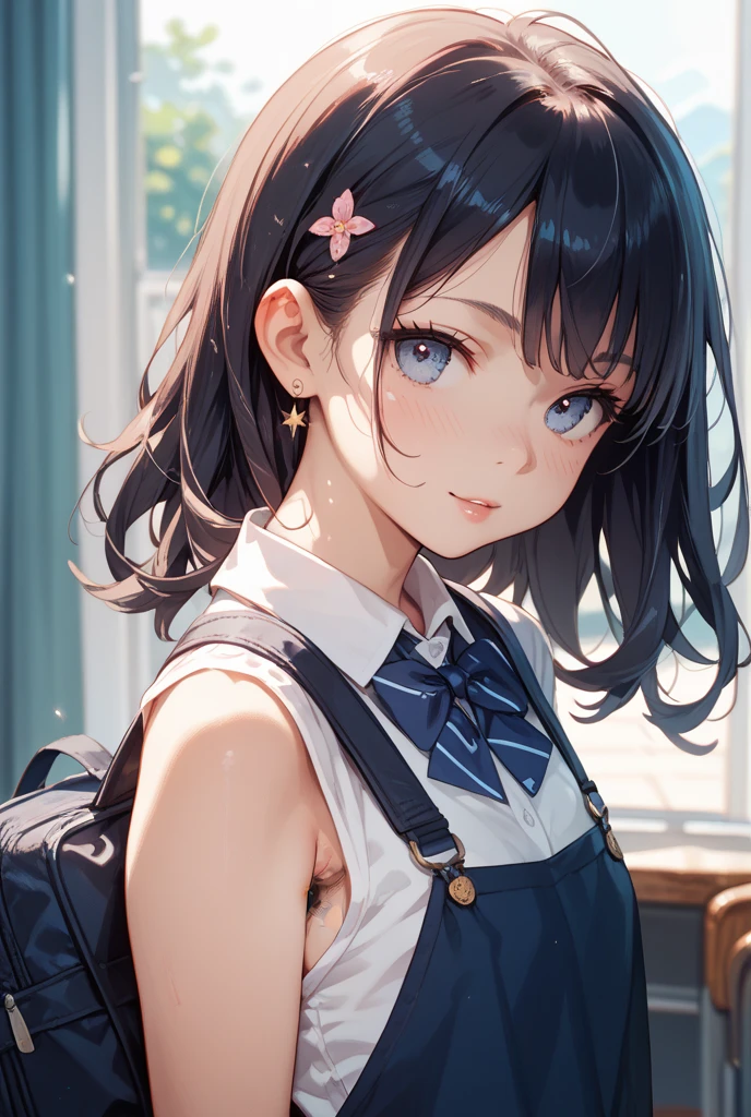 (Highest quality, masterpiece), 16 year old female, Raise your arms, hands behind your head, smile, Laughter, , tie, Twin tails, freckles, blush, View Viewer, cute, Captivating eyes...