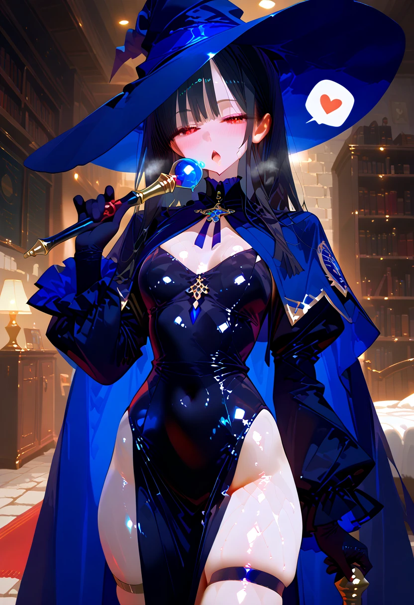 zPDXL, 1girl, overshoulderdownblouse, hat, witch hat, solo, glasses, round eyewear, black hair, chain, jacket, long sleeves, bangs, opaque glasses, gradient, cowboy shot, open clothes, small breasts, cleavage. closed mouth, long hair, open jacket, standing, witch, zipper, gothic castle background, night, stars, multicolored hair, tinted eyewear, glowing, colored inner hair, collar, long hair, straight-on, signature, arms at sides, blue hair, dress, blue headwear, goggles, jewelry, black jacket, from above, from behind <lora:OverShoulderDownBlouse:1>