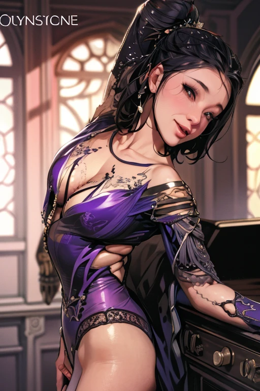 beautiful shinobi ,(((wet ax marks))),( stance)， expression，close up ass，Art Station Trends, sharp focus, intricate details, very detailed, Intricate facial details, curvy physique, thick body,((mature woman))，(dehisce),((sexual innuendo))，in the palace，vibrant, 4K, intricate details, big tits seductive, Professional Manufacturing,  12K resolution,(a charming smile), black hair with purple highlights