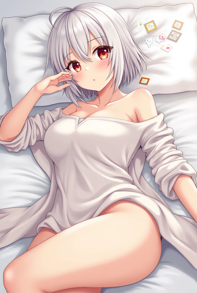 (highest quality:1.2, Very detailed, up to date, Vibrant, Ultra-high resolution, High Contrast, masterpiece:1.2, highest quality, Best aesthetics), Portraiture、girl、singer、Bright colors、Beautiful fine details、Beautiful lip detail、short white wave hair, short cut, red and white ((streaked hair:1.7)), highlights hair: 1.5, red eyes, slim body, middium breast, (tan skin:1.1), (Floral Fineline tattoo design on left arm:1), nsfw, Camisole, (panty lift:1), bottomless, touch pussy, ((masturbation:1.3)), ((orgasm:1.4)), lie down on the bed, bedroom, (cowboy shot:1),