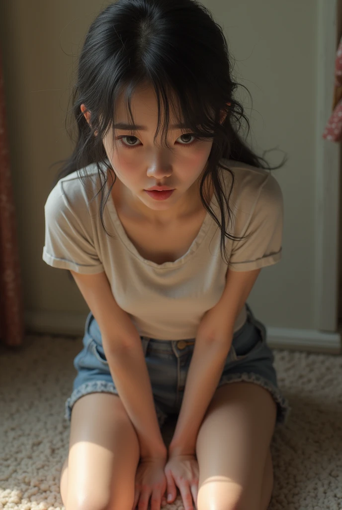 8k、Raw photo、(masuter piece)1.5、(top-quality)1.5、Hi-Res、Looking Up,(girl with)、(realisitic、Photorealsitic:1.5), (Close eyes):1.0, (Open mouth):1.5 Real numbers、Upper body、brown hair,Sleeveless、skinny、14years((small tits))1.8、Eyes closed、Deep sadness、Sorrow、look up sky、screeming、Bedrooms、Background blur