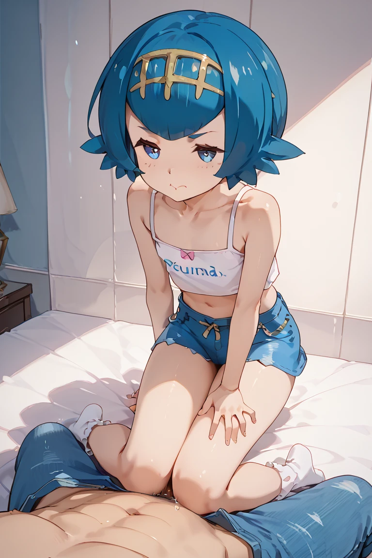 cute, childish, athletic, black skin, young girl, purple hair, short spiky hairstyle, brown eyes, small ass, underware, barefoot, blush cheecks, surprised face, sitting on a couch, in the living room, anime, style Murata Range, masterpiece, cinematic, dramatic, dynamic view, full body, playing video games