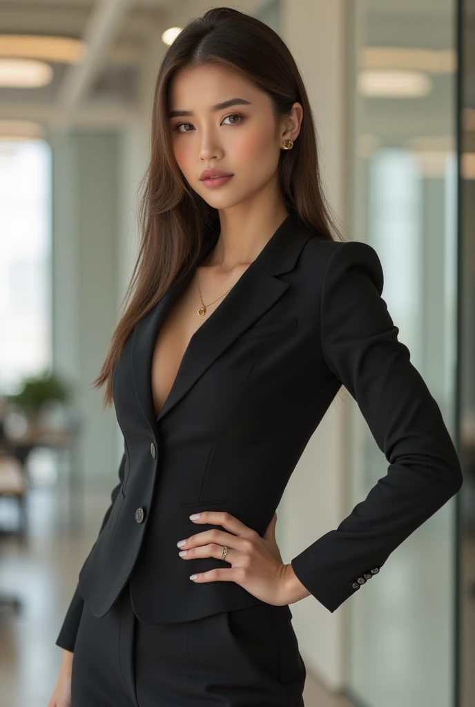 26 year old beautiful busty asian woman,Highest vulgarity image quality、realistic、16K、vulgarity makeup face、cute、curly hair、muscular,Standing、OL in the of、navy mini skirt suit、whole body、Annoyed、panoramic、show me your long legs、Photographed quite far away、whole body姿、arms folded、Full body、