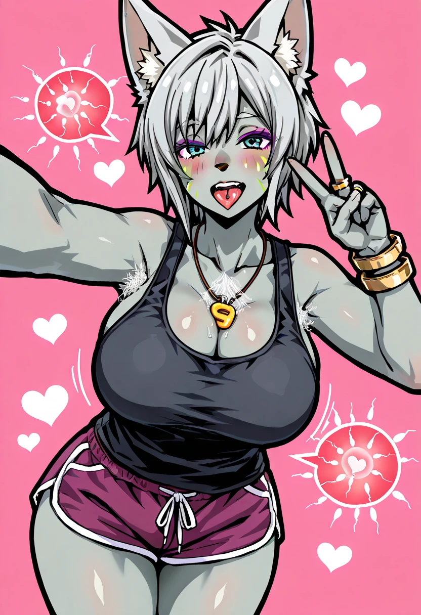 Toyamarus, 1girl, solo, teeth, dolphin shorts, tank top, selfie, stands in the middle of the night, 大きなchest, pink background, Simple Backgrounds, bracelet, v, Stick out your tongue, black outline, 
hairy female surrounded by sperm cells, animal ear on the button,  animal nose , gray hair, short hair, blue eyes, Grey hair, Facial markings, purple eyeshadow, 
masterpiece, best quality,  Urenim,  Blush,score_9, score_8_up, score_7_up, girls, solo, chest, teeth, hearts, ring,  jewelry, Cool Face, でかいchest, thick thighs, blurry background, animal ear on the button, huge chest, gray hair, voice output, thighs, green eyes, Grey Skin