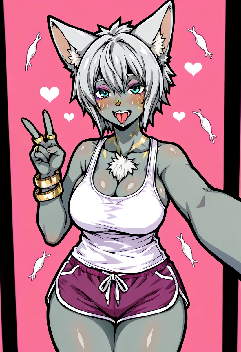 Toyamarus, 1girl, solo, teeth, dolphin shorts, tank top, selfie, stands in the middle of the night, 大きなchest, pink background, Simple Backgrounds, bracelet, v, Stick out your tongue, black outline, 
hairy female surrounded by sperm cells, animal ear on the button,  animal nose , gray hair, short hair, blue eyes, Grey hair, Facial markings, purple eyeshadow, 
masterpiece, best quality,  Urenim,  Blush,score_9, score_8_up, score_7_up, girls, solo, chest, teeth, hearts, ring,  jewelry, Cool Face, でかいchest, thick thighs, blurry background, animal ear on the button, huge chest, gray hair, voice output, thighs, green eyes, Grey Skin