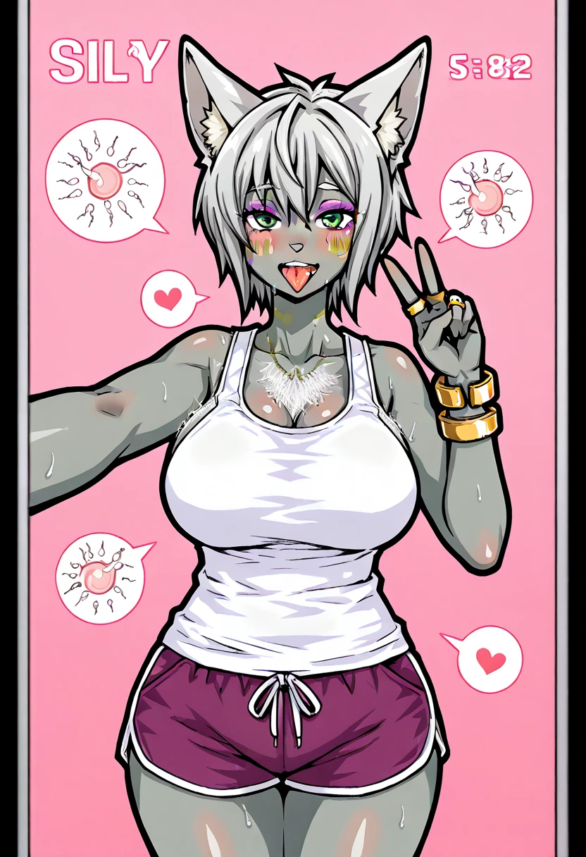Toyamarus, 1girl, solo, teeth, dolphin shorts, tank top, selfie, stands in the middle of the night, 大きなchest, pink background, Simple Backgrounds, bracelet, v, Stick out your tongue, black outline, 
hairy female surrounded by sperm cells, animal ear on the button,  animal nose , gray hair, short hair, blue eyes, Grey hair, Facial markings, purple eyeshadow, 
masterpiece, best quality,  Urenim,  Blush,score_9, score_8_up, score_7_up, girls, solo, chest, teeth, hearts, ring,  jewelry, Cool Face, でかいchest, thick thighs, blurry background, animal ear on the button, huge chest, gray hair, voice output, thighs, green eyes, Grey Skin