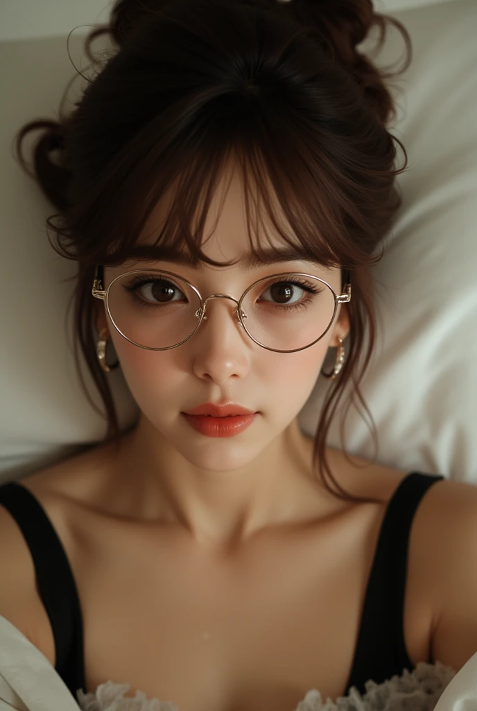 There is a woman sitting on the floor with her legs crossed...., Wear glasses, Japanese Model, Wear glasses on, Wearing square glasses, Young Sensual Gravure Idol, Yasumoto Oka, Genuine young gravure idol, Without glasses, Yoshitomo Nara, Aoi Ogata, Wear glassesいる, Surreal,Provocative,((Beautiful Skin)),((Skin Texture)),((Real Touch)), healthy, unreddish skin, Cute freckles on the cheeks,Mole under left eye,forward bend posture,Observe the audience,